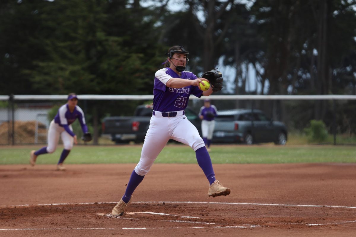 Senior pitcher Elise Roy (20) winds up the pitch in game two of a doubleheader against Cal State San Bernardino on Saturday, April 26, 2025. (Olivia Moran / Golden Gate Xpress)